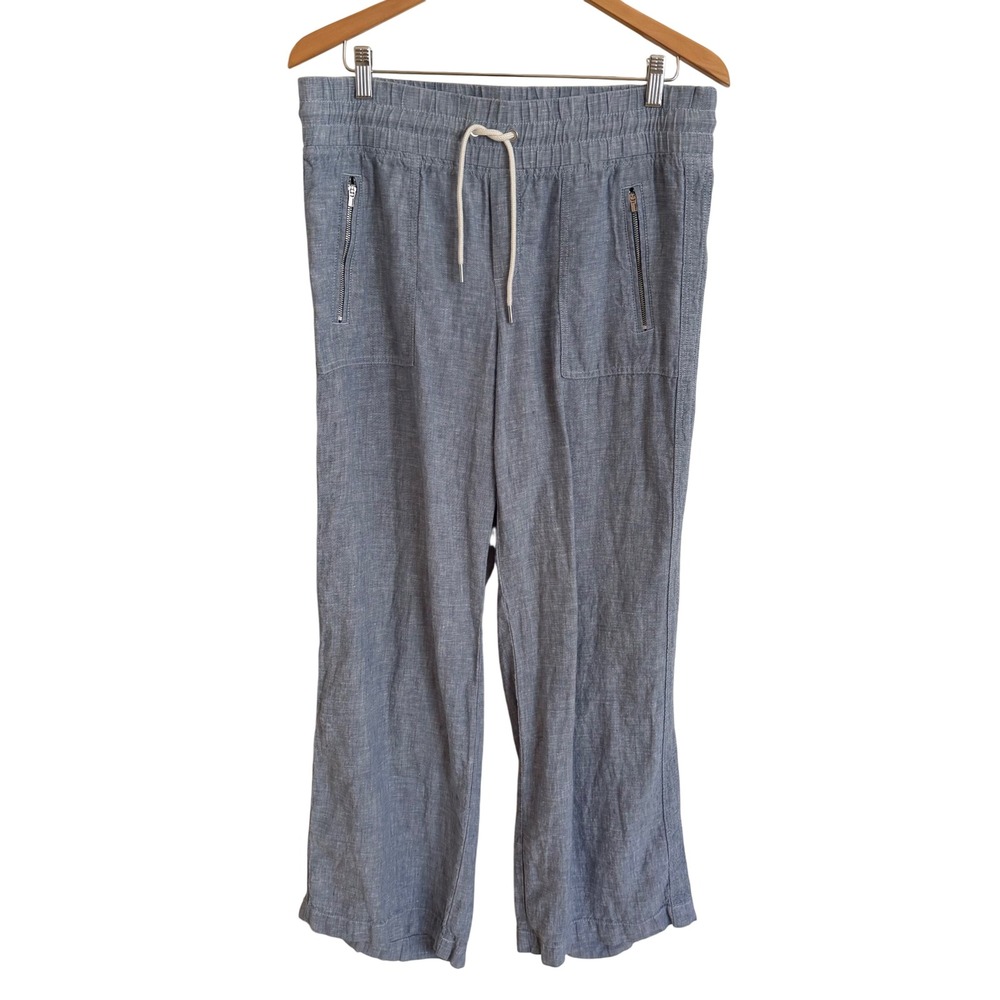 Athleta Cabo Linen Wide Leg Pant Blue Chambray Drawstring Zip Pocket 447244 10